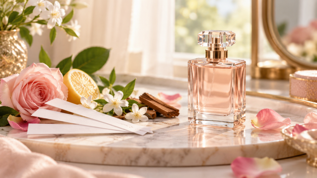 Perfume feminino com flores e notas olfativas