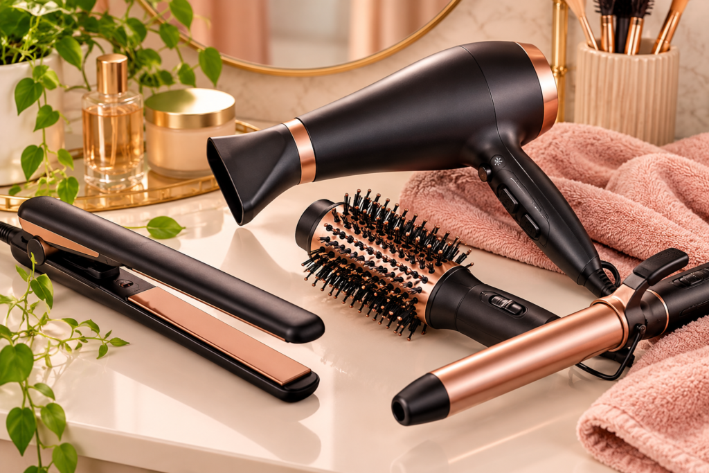 Aparelhos para cabelo com secador, prancha, escova e modelador